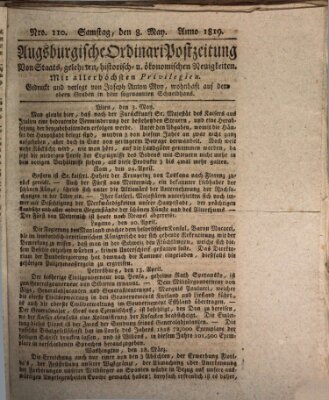 Augsburgische Ordinari Postzeitung von Staats-, gelehrten, historisch- u. ökonomischen Neuigkeiten (Augsburger Postzeitung) Samstag 8. Mai 1819