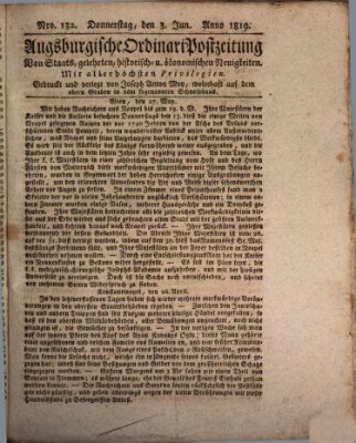 Augsburgische Ordinari Postzeitung von Staats-, gelehrten, historisch- u. ökonomischen Neuigkeiten (Augsburger Postzeitung) Donnerstag 3. Juni 1819