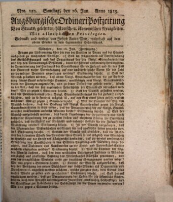 Augsburgische Ordinari Postzeitung von Staats-, gelehrten, historisch- u. ökonomischen Neuigkeiten (Augsburger Postzeitung) Samstag 26. Juni 1819