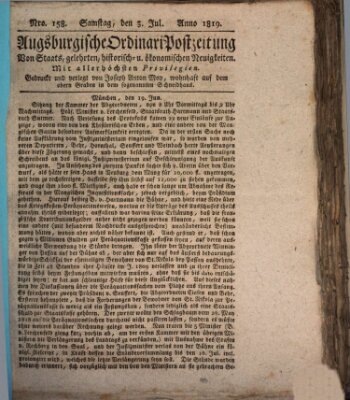 Augsburgische Ordinari Postzeitung von Staats-, gelehrten, historisch- u. ökonomischen Neuigkeiten (Augsburger Postzeitung) Samstag 3. Juli 1819