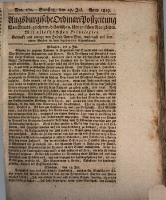 Augsburgische Ordinari Postzeitung von Staats-, gelehrten, historisch- u. ökonomischen Neuigkeiten (Augsburger Postzeitung) Samstag 17. Juli 1819