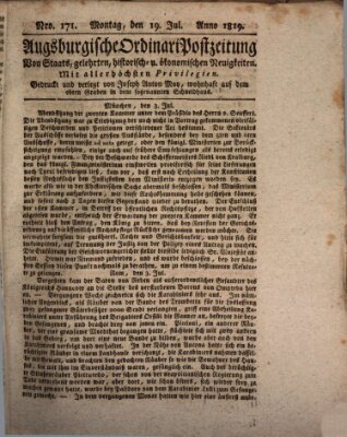 Augsburgische Ordinari Postzeitung von Staats-, gelehrten, historisch- u. ökonomischen Neuigkeiten (Augsburger Postzeitung) Montag 19. Juli 1819