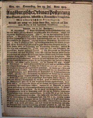 Augsburgische Ordinari Postzeitung von Staats-, gelehrten, historisch- u. ökonomischen Neuigkeiten (Augsburger Postzeitung) Donnerstag 29. Juli 1819