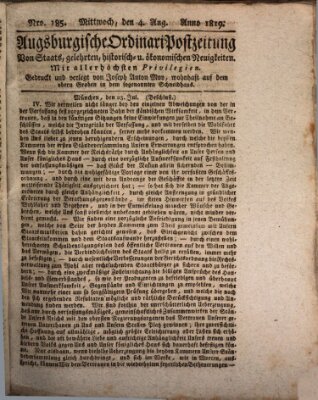 Augsburgische Ordinari Postzeitung von Staats-, gelehrten, historisch- u. ökonomischen Neuigkeiten (Augsburger Postzeitung) Mittwoch 4. August 1819