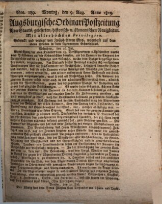 Augsburgische Ordinari Postzeitung von Staats-, gelehrten, historisch- u. ökonomischen Neuigkeiten (Augsburger Postzeitung) Montag 9. August 1819