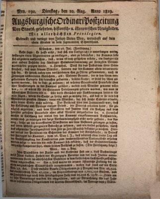 Augsburgische Ordinari Postzeitung von Staats-, gelehrten, historisch- u. ökonomischen Neuigkeiten (Augsburger Postzeitung) Dienstag 10. August 1819