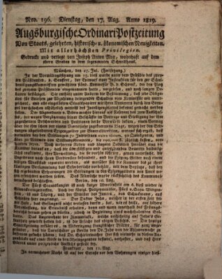 Augsburgische Ordinari Postzeitung von Staats-, gelehrten, historisch- u. ökonomischen Neuigkeiten (Augsburger Postzeitung) Dienstag 17. August 1819