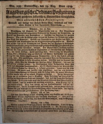 Augsburgische Ordinari Postzeitung von Staats-, gelehrten, historisch- u. ökonomischen Neuigkeiten (Augsburger Postzeitung) Donnerstag 19. August 1819