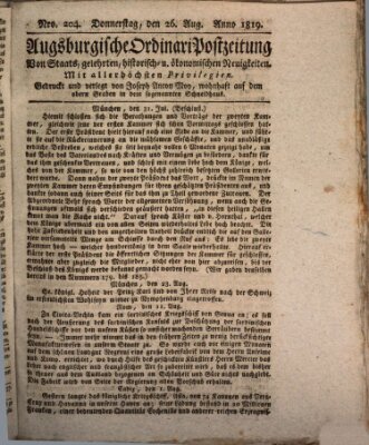 Augsburgische Ordinari Postzeitung von Staats-, gelehrten, historisch- u. ökonomischen Neuigkeiten (Augsburger Postzeitung) Donnerstag 26. August 1819