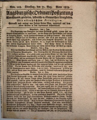 Augsburgische Ordinari Postzeitung von Staats-, gelehrten, historisch- u. ökonomischen Neuigkeiten (Augsburger Postzeitung) Dienstag 31. August 1819