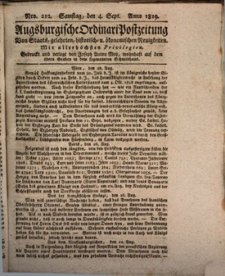 Augsburgische Ordinari Postzeitung von Staats-, gelehrten, historisch- u. ökonomischen Neuigkeiten (Augsburger Postzeitung) Samstag 4. September 1819