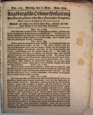 Augsburgische Ordinari Postzeitung von Staats-, gelehrten, historisch- u. ökonomischen Neuigkeiten (Augsburger Postzeitung) Montag 6. September 1819