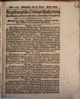 Augsburgische Ordinari Postzeitung von Staats-, gelehrten, historisch- u. ökonomischen Neuigkeiten (Augsburger Postzeitung) Mittwoch 8. September 1819