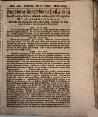 Augsburgische Ordinari Postzeitung von Staats-, gelehrten, historisch- u. ökonomischen Neuigkeiten (Augsburger Postzeitung) Samstag 11. September 1819