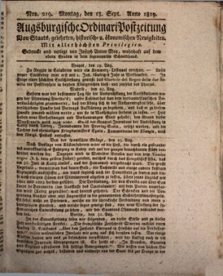 Augsburgische Ordinari Postzeitung von Staats-, gelehrten, historisch- u. ökonomischen Neuigkeiten (Augsburger Postzeitung) Montag 13. September 1819