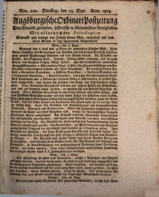 Augsburgische Ordinari Postzeitung von Staats-, gelehrten, historisch- u. ökonomischen Neuigkeiten (Augsburger Postzeitung) Dienstag 14. September 1819