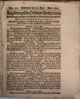 Augsburgische Ordinari Postzeitung von Staats-, gelehrten, historisch- u. ökonomischen Neuigkeiten (Augsburger Postzeitung) Mittwoch 15. September 1819