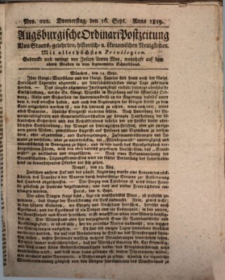 Augsburgische Ordinari Postzeitung von Staats-, gelehrten, historisch- u. ökonomischen Neuigkeiten (Augsburger Postzeitung) Donnerstag 16. September 1819