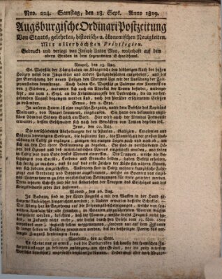 Augsburgische Ordinari Postzeitung von Staats-, gelehrten, historisch- u. ökonomischen Neuigkeiten (Augsburger Postzeitung) Samstag 18. September 1819