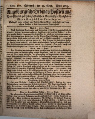 Augsburgische Ordinari Postzeitung von Staats-, gelehrten, historisch- u. ökonomischen Neuigkeiten (Augsburger Postzeitung) Mittwoch 22. September 1819