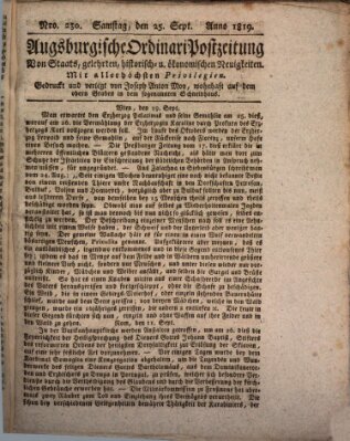 Augsburgische Ordinari Postzeitung von Staats-, gelehrten, historisch- u. ökonomischen Neuigkeiten (Augsburger Postzeitung) Samstag 25. September 1819
