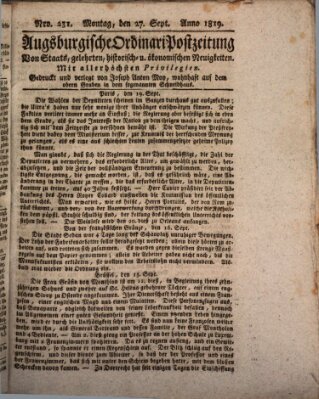 Augsburgische Ordinari Postzeitung von Staats-, gelehrten, historisch- u. ökonomischen Neuigkeiten (Augsburger Postzeitung) Montag 27. September 1819