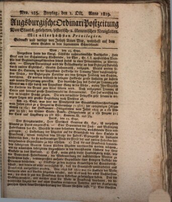 Augsburgische Ordinari Postzeitung von Staats-, gelehrten, historisch- u. ökonomischen Neuigkeiten (Augsburger Postzeitung) Freitag 1. Oktober 1819