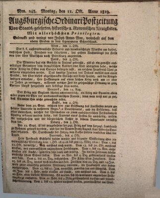 Augsburgische Ordinari Postzeitung von Staats-, gelehrten, historisch- u. ökonomischen Neuigkeiten (Augsburger Postzeitung) Montag 11. Oktober 1819