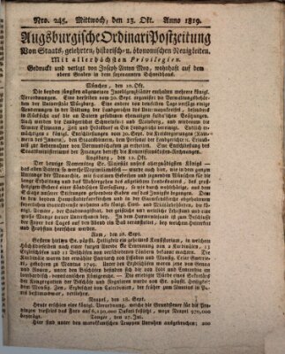 Augsburgische Ordinari Postzeitung von Staats-, gelehrten, historisch- u. ökonomischen Neuigkeiten (Augsburger Postzeitung) Mittwoch 13. Oktober 1819