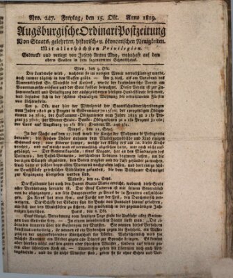 Augsburgische Ordinari Postzeitung von Staats-, gelehrten, historisch- u. ökonomischen Neuigkeiten (Augsburger Postzeitung) Freitag 15. Oktober 1819