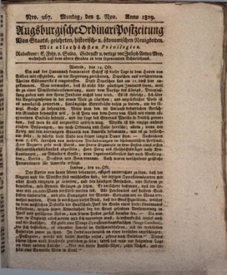 Augsburgische Ordinari Postzeitung von Staats-, gelehrten, historisch- u. ökonomischen Neuigkeiten (Augsburger Postzeitung) Montag 8. November 1819