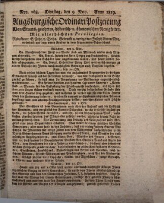 Augsburgische Ordinari Postzeitung von Staats-, gelehrten, historisch- u. ökonomischen Neuigkeiten (Augsburger Postzeitung) Dienstag 9. November 1819