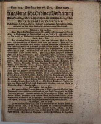 Augsburgische Ordinari Postzeitung von Staats-, gelehrten, historisch- u. ökonomischen Neuigkeiten (Augsburger Postzeitung) Dienstag 16. November 1819