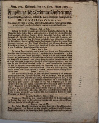 Augsburgische Ordinari Postzeitung von Staats-, gelehrten, historisch- u. ökonomischen Neuigkeiten (Augsburger Postzeitung) Mittwoch 17. November 1819