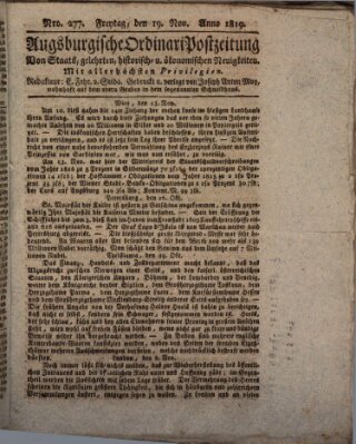 Augsburgische Ordinari Postzeitung von Staats-, gelehrten, historisch- u. ökonomischen Neuigkeiten (Augsburger Postzeitung) Freitag 19. November 1819