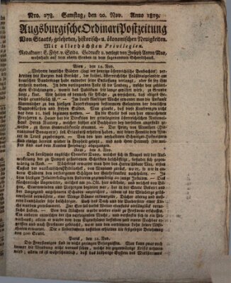 Augsburgische Ordinari Postzeitung von Staats-, gelehrten, historisch- u. ökonomischen Neuigkeiten (Augsburger Postzeitung) Samstag 20. November 1819