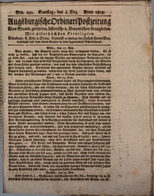 Augsburgische Ordinari Postzeitung von Staats-, gelehrten, historisch- u. ökonomischen Neuigkeiten (Augsburger Postzeitung) Samstag 4. Dezember 1819