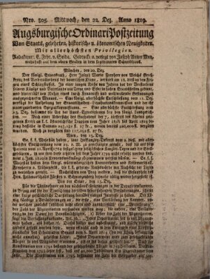 Augsburgische Ordinari Postzeitung von Staats-, gelehrten, historisch- u. ökonomischen Neuigkeiten (Augsburger Postzeitung) Mittwoch 22. Dezember 1819