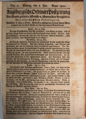 Augsburgische Ordinari Postzeitung von Staats-, gelehrten, historisch- u. ökonomischen Neuigkeiten (Augsburger Postzeitung) Montag 3. Januar 1820