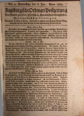 Augsburgische Ordinari Postzeitung von Staats-, gelehrten, historisch- u. ökonomischen Neuigkeiten (Augsburger Postzeitung) Donnerstag 6. Januar 1820