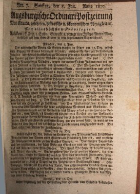 Augsburgische Ordinari Postzeitung von Staats-, gelehrten, historisch- u. ökonomischen Neuigkeiten (Augsburger Postzeitung) Samstag 8. Januar 1820