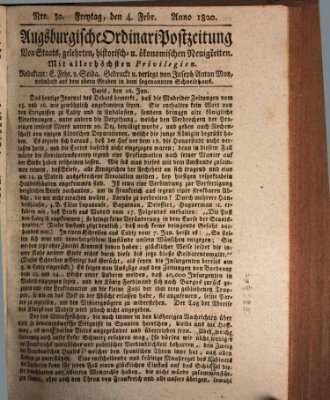 Augsburgische Ordinari Postzeitung von Staats-, gelehrten, historisch- u. ökonomischen Neuigkeiten (Augsburger Postzeitung) Freitag 4. Februar 1820