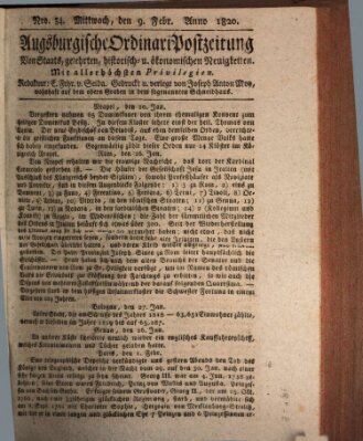 Augsburgische Ordinari Postzeitung von Staats-, gelehrten, historisch- u. ökonomischen Neuigkeiten (Augsburger Postzeitung) Mittwoch 9. Februar 1820