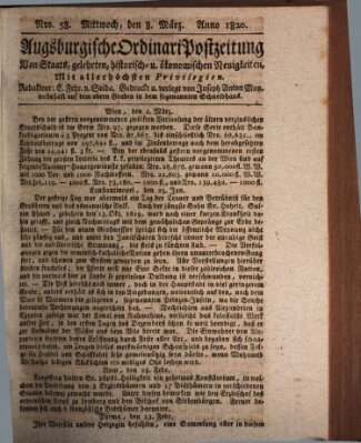 Augsburgische Ordinari Postzeitung von Staats-, gelehrten, historisch- u. ökonomischen Neuigkeiten (Augsburger Postzeitung) Mittwoch 8. März 1820