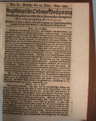 Augsburgische Ordinari Postzeitung von Staats-, gelehrten, historisch- u. ökonomischen Neuigkeiten (Augsburger Postzeitung) Freitag 24. März 1820