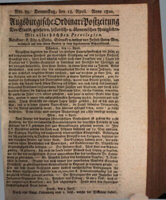 Augsburgische Ordinari Postzeitung von Staats-, gelehrten, historisch- u. ökonomischen Neuigkeiten (Augsburger Postzeitung) Donnerstag 13. April 1820