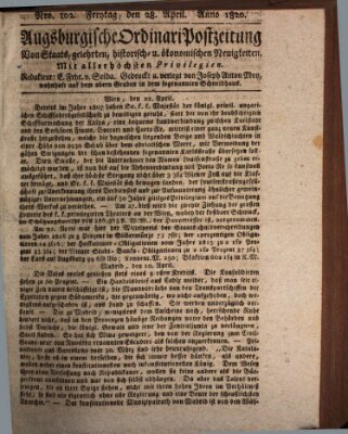 Augsburgische Ordinari Postzeitung von Staats-, gelehrten, historisch- u. ökonomischen Neuigkeiten (Augsburger Postzeitung) Freitag 28. April 1820