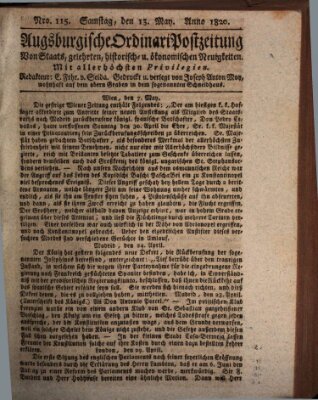 Augsburgische Ordinari Postzeitung von Staats-, gelehrten, historisch- u. ökonomischen Neuigkeiten (Augsburger Postzeitung) Samstag 13. Mai 1820