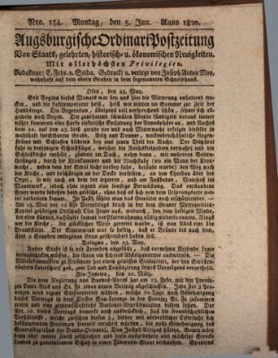 Augsburgische Ordinari Postzeitung von Staats-, gelehrten, historisch- u. ökonomischen Neuigkeiten (Augsburger Postzeitung) Montag 5. Juni 1820