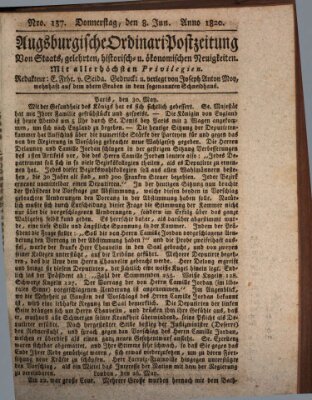 Augsburgische Ordinari Postzeitung von Staats-, gelehrten, historisch- u. ökonomischen Neuigkeiten (Augsburger Postzeitung) Donnerstag 8. Juni 1820